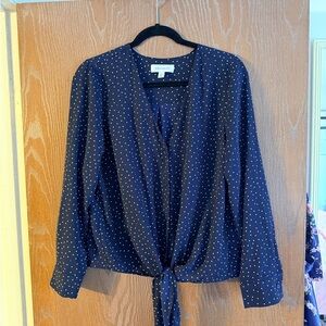 POPSUGAR Navy Polka Dot Tie-Front Blouse